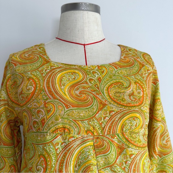 Vintage 60’s Dress Size UK 8 Yellow Paisley Mini Square Neck - Picture 9 of 16